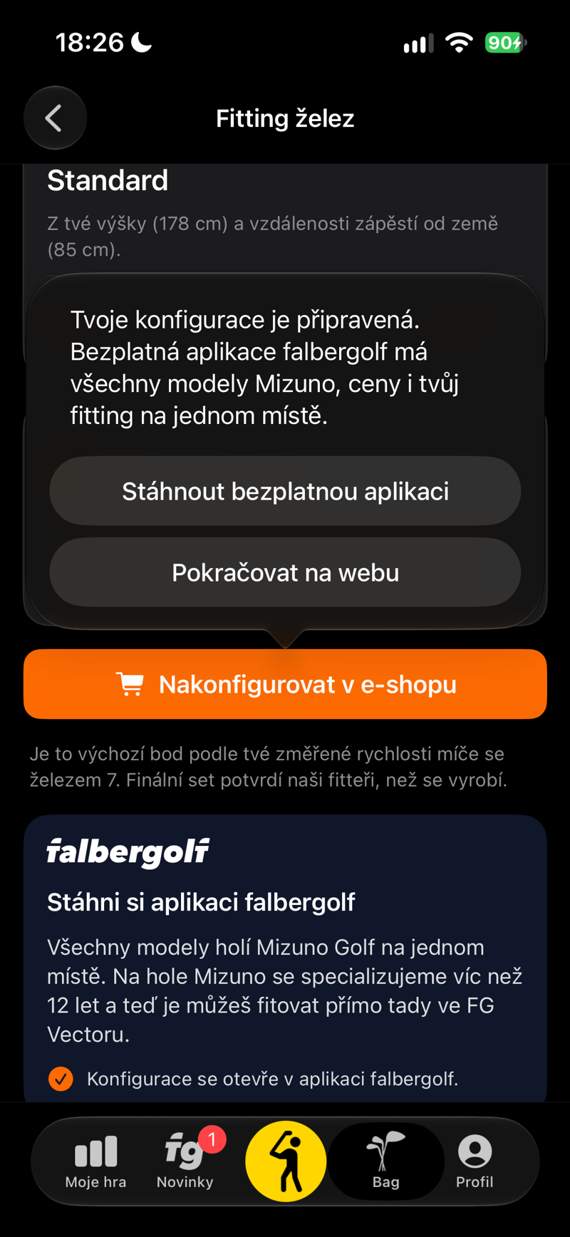 Vaše konfigurace je připravená: otevřete ji v bezplatné aplikaci falbergolf nebo na webu
