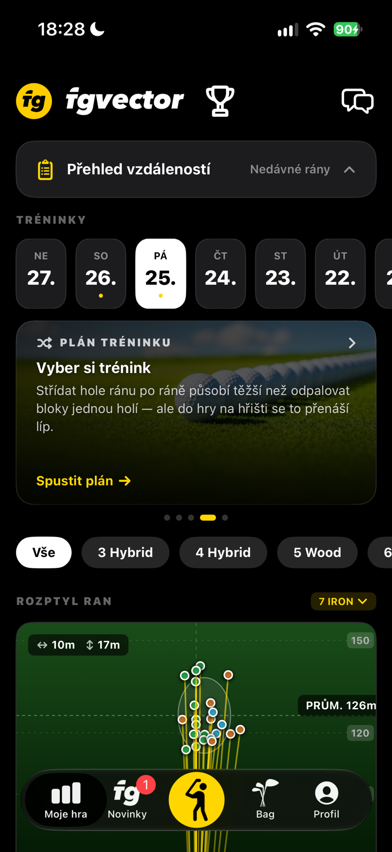 Moje hra: karta Plán tréninku, kde si vyberete, jak trénovat, a spustíte plán