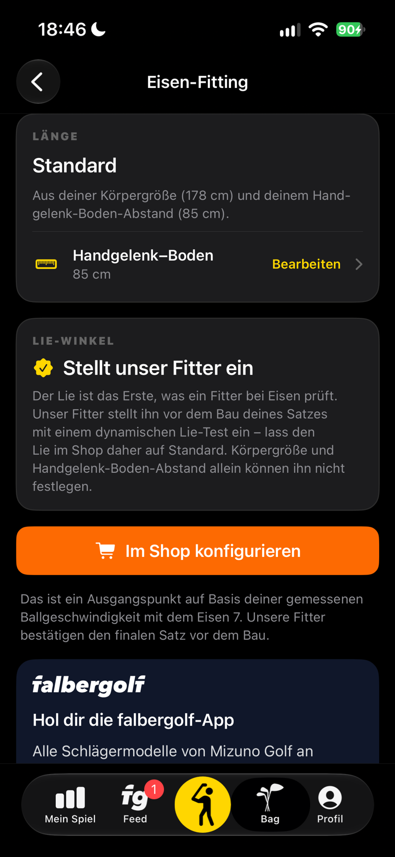 Eisen-Fitting: Schlägerlänge aus Körpergröße und Handgelenk–Boden