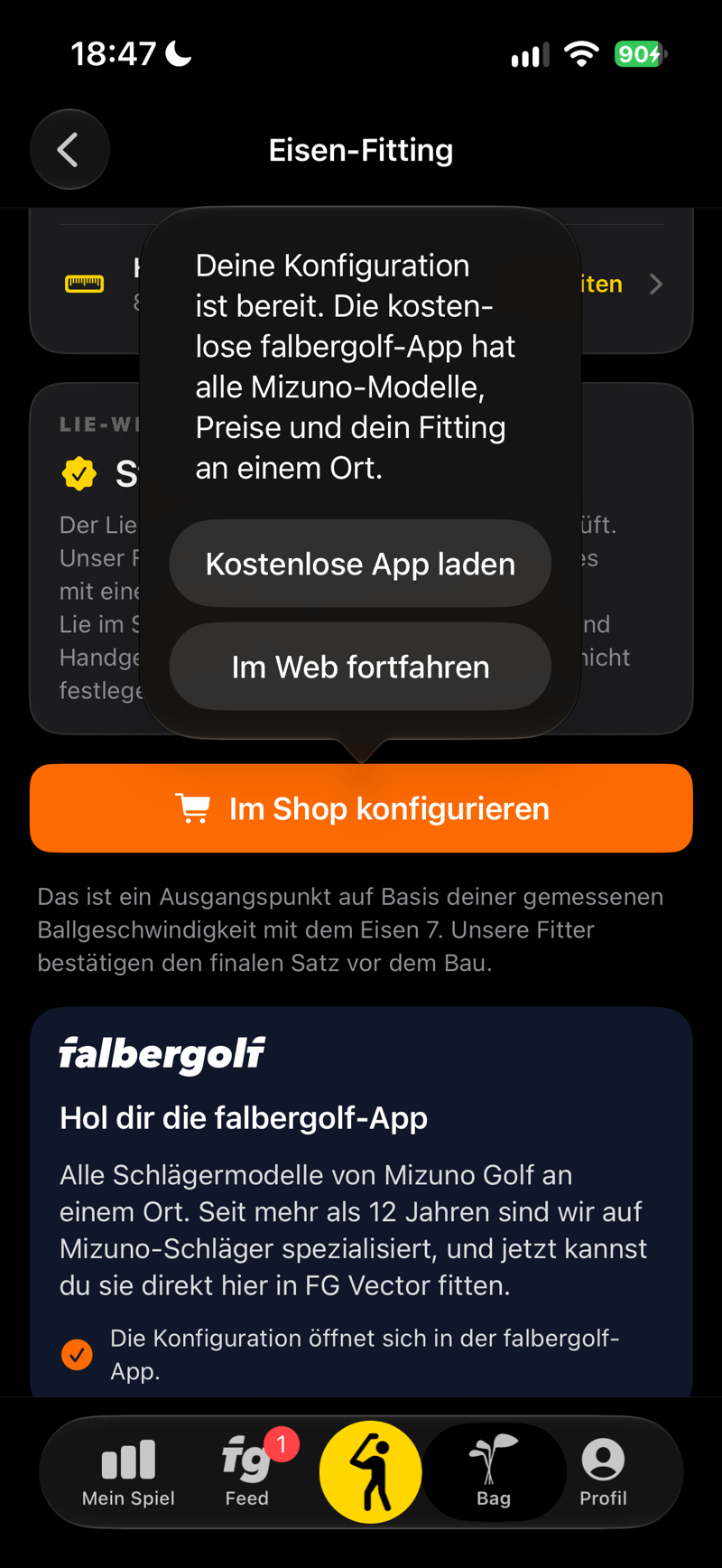 Deine Konfiguration ist bereit: öffne sie in der kostenlosen falbergolf-App oder im Web