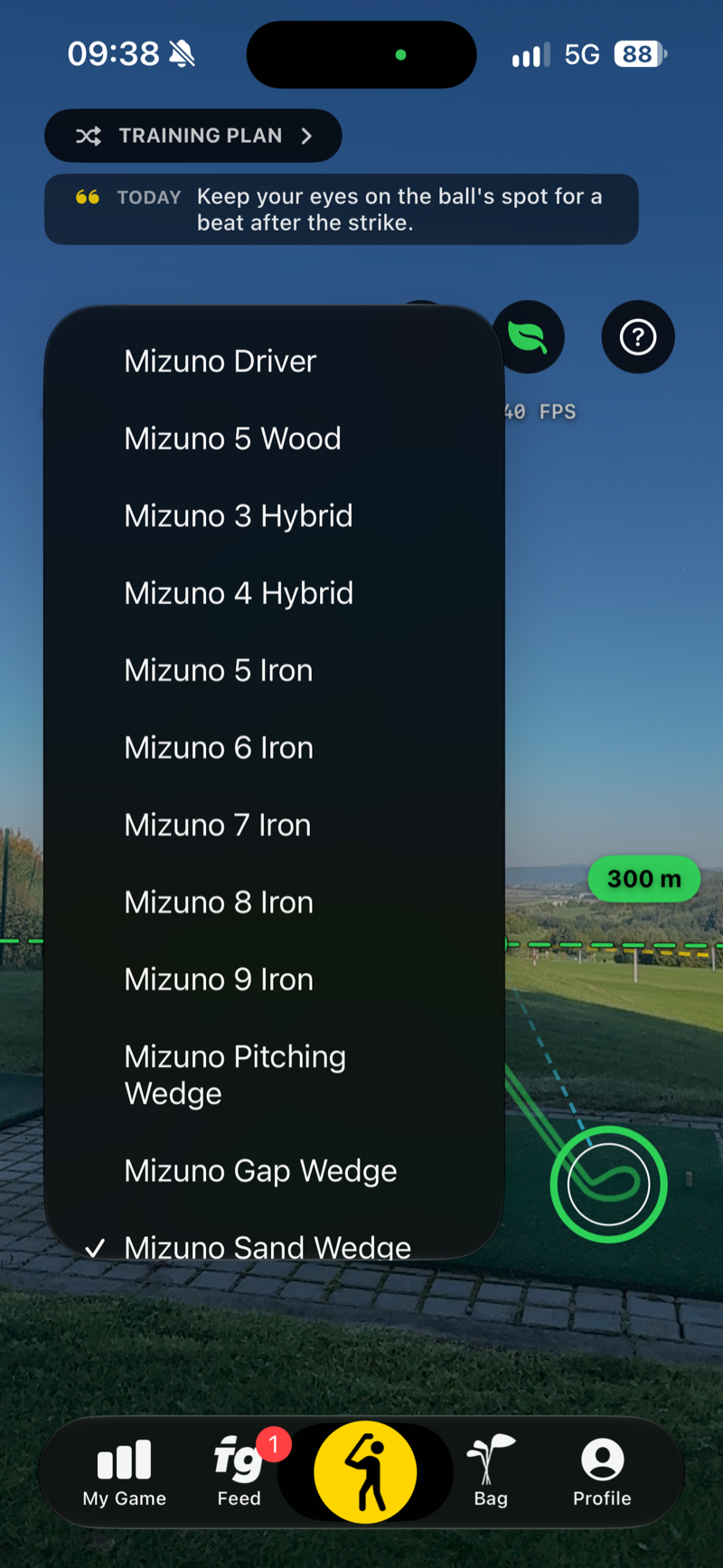 Club selector open in the camera: Mizuno clubs from driver to sand wedge