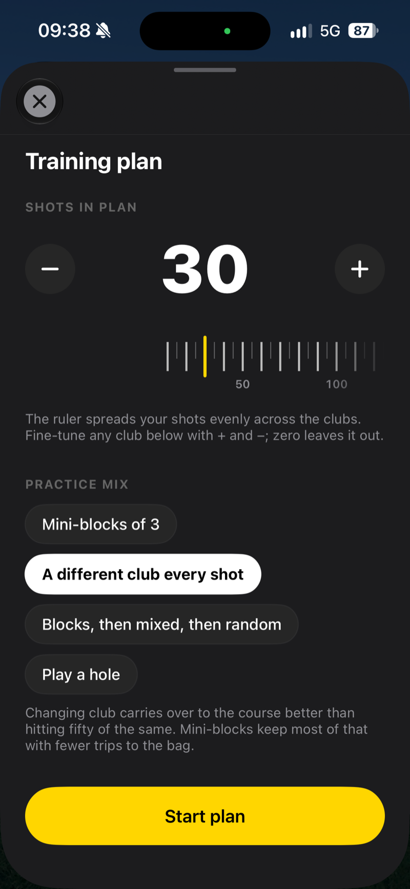 Training plan: number of shots, practice mix and the Start plan button