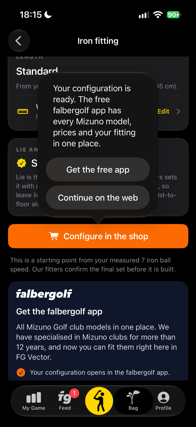 Your configuration is ready: open it in the free falbergolf app or on the web