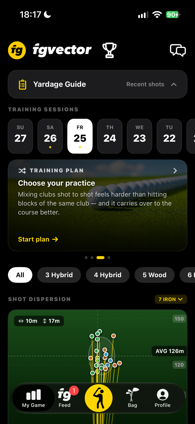 My Game: training plan card, choose how to practise and start the plan