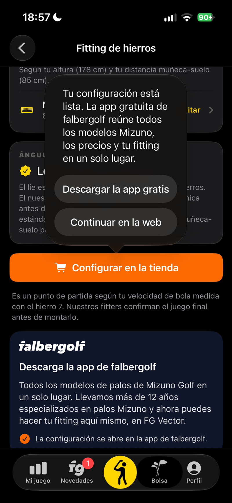 Tu configuración está lista: ábrela en la app gratuita de falbergolf o en la web