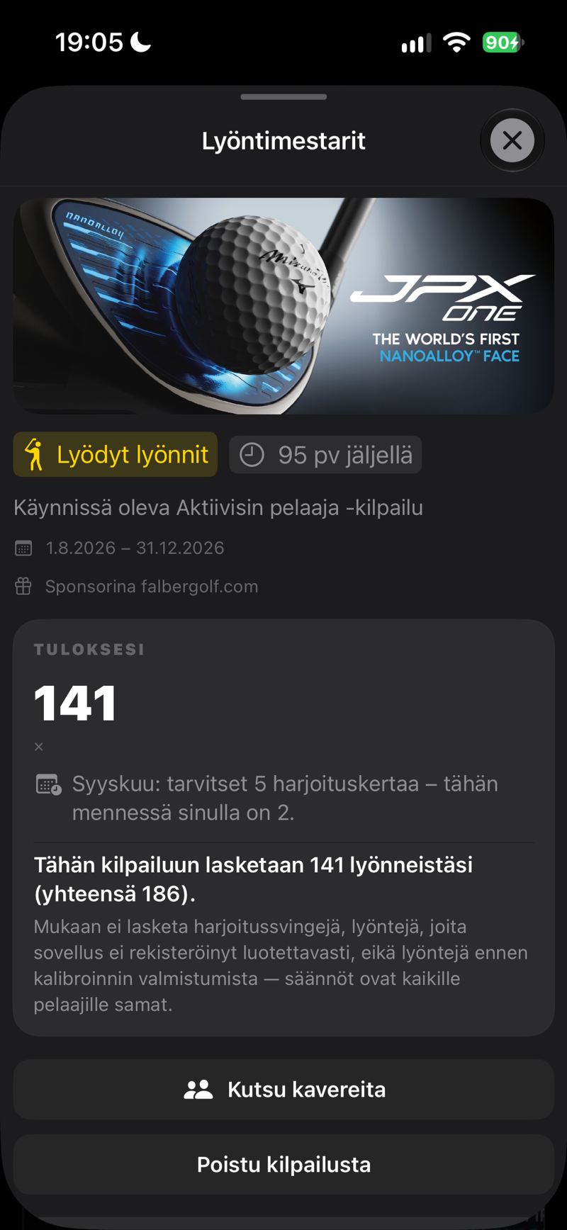 Kilpailu: tuloksesi ja kuinka moni lyönneistäsi lasketaan