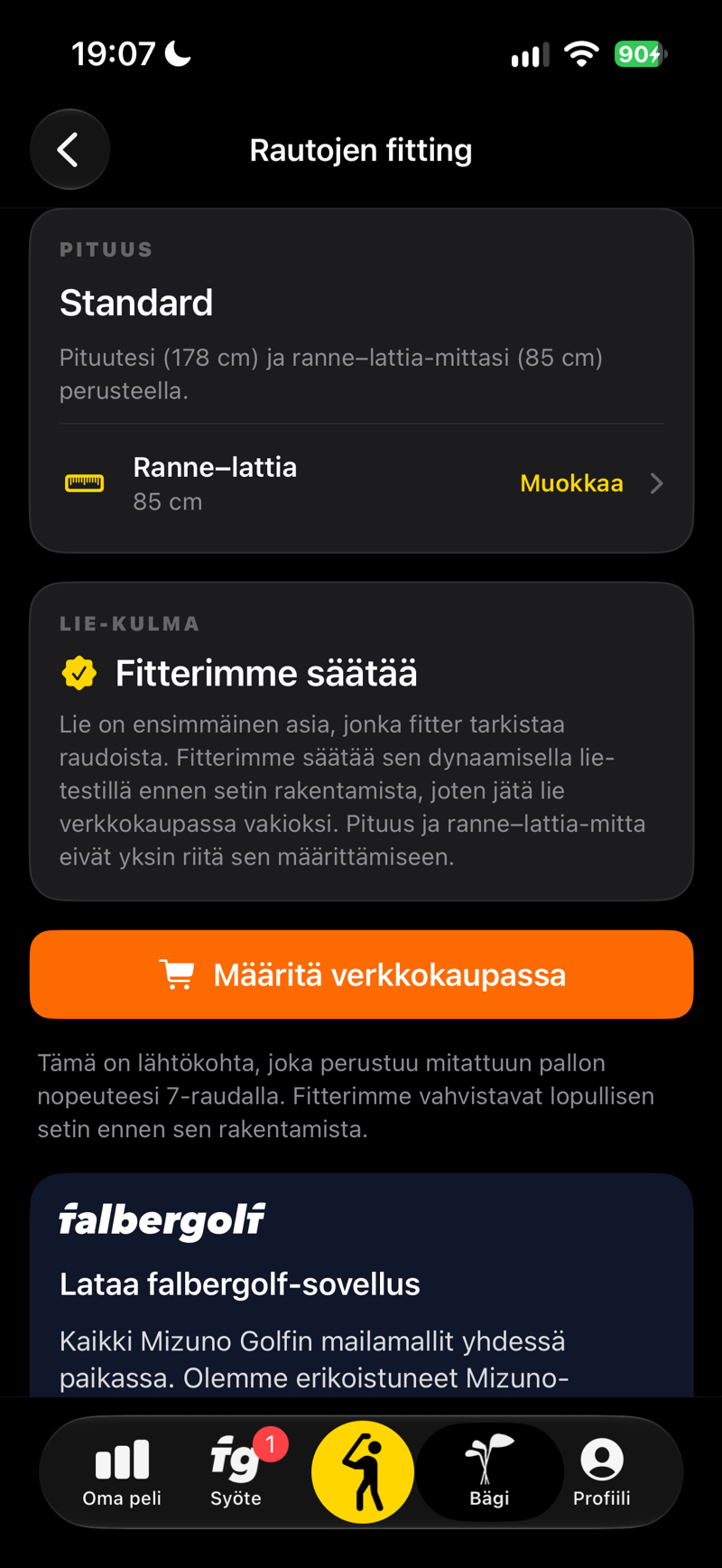 Rautojen fitting: mailan pituus pituutesi ja ranne–lattia-mittasi perusteella