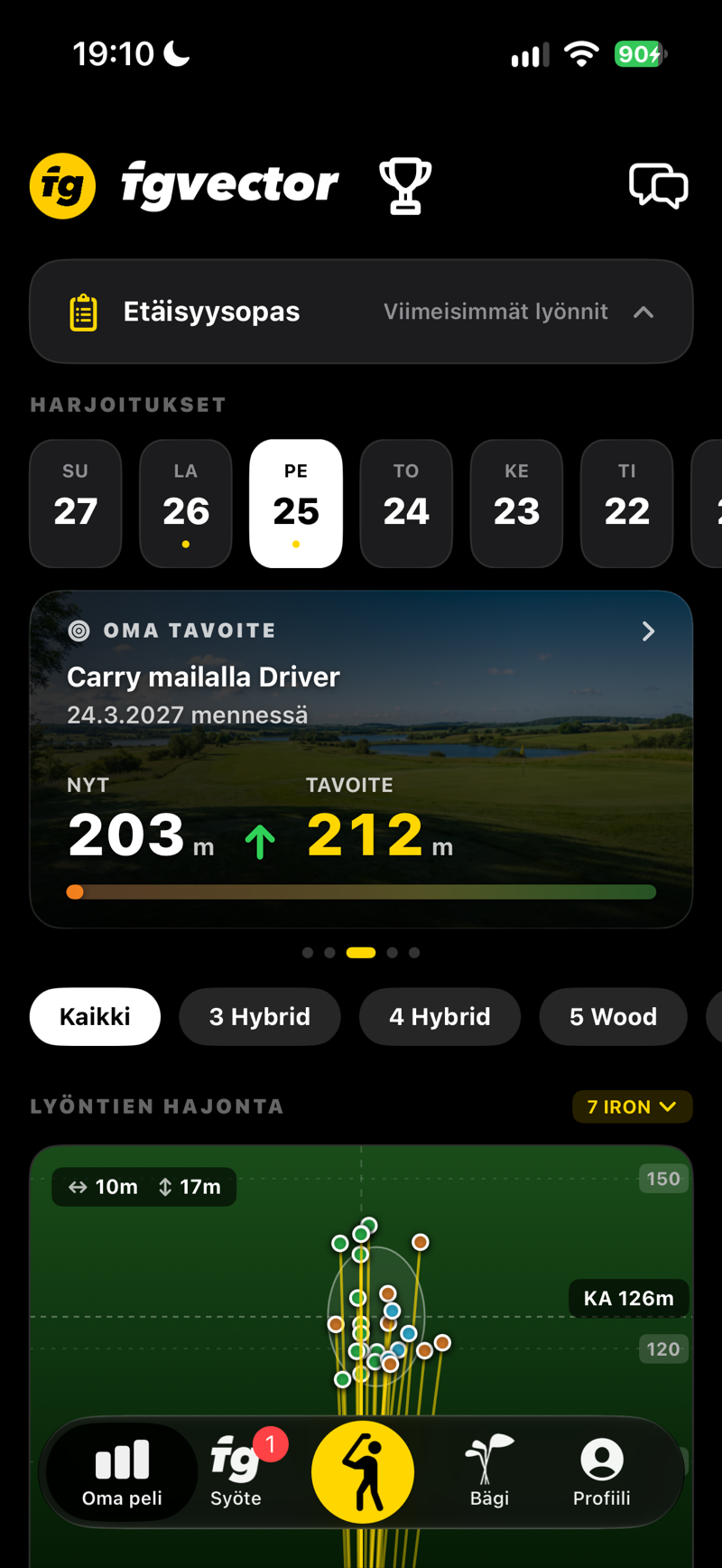 Oma peli: tavoitekortti, jossa nykyinen carrysi ja tavoitteesi