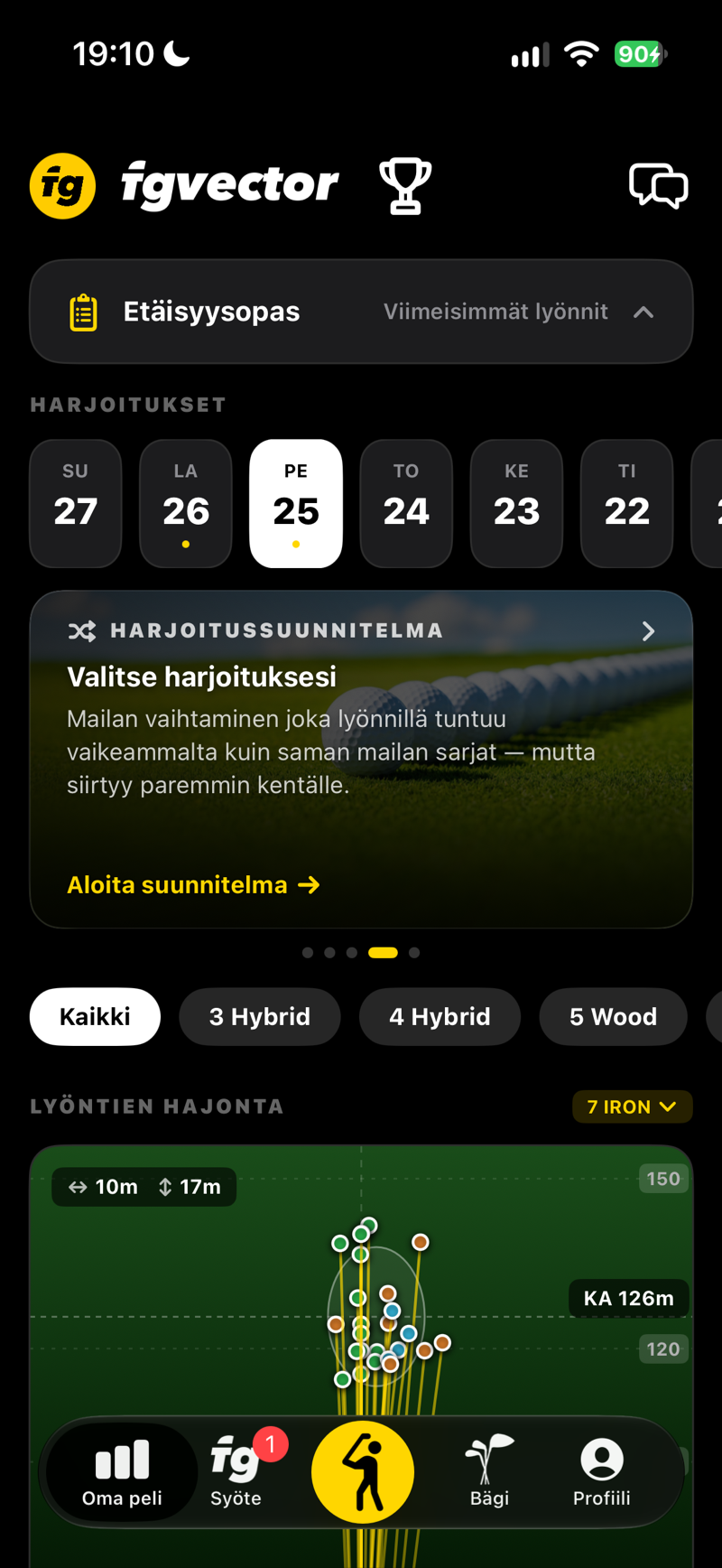 Oma peli: harjoitussuunnitelman kortti, jossa valitset harjoituksesi ja aloitat suunnitelman