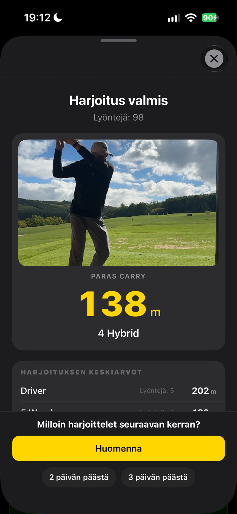 Harjoitus valmis: päivän paras carry, harjoituksen keskiarvot ja milloin harjoittelet seuraavan kerran