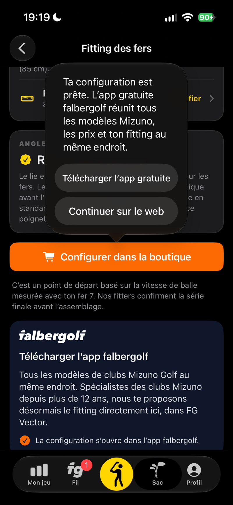 Votre configuration est prête : ouvrez-la dans l’app gratuite falbergolf ou sur le web
