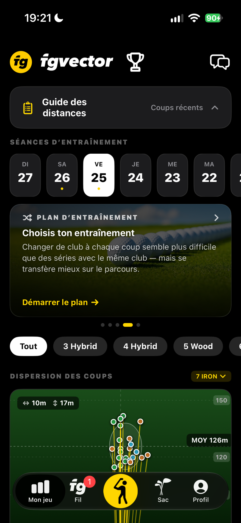 Mon jeu : carte du plan d’entraînement, choisissez votre entraînement et démarrez le plan