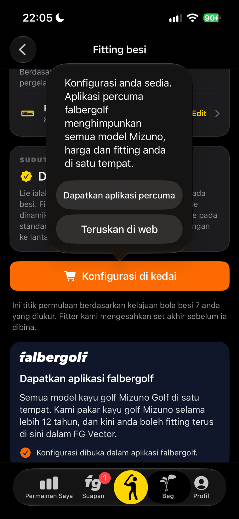 Konfigurasi anda sedia: bukanya dalam aplikasi percuma falbergolf atau di web