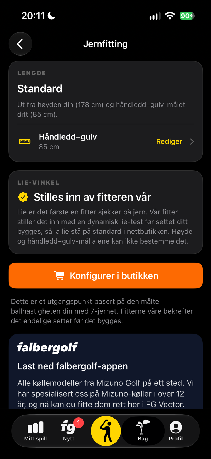 Jernfitting: køllelengde ut fra høyden din og håndledd–gulv-målet