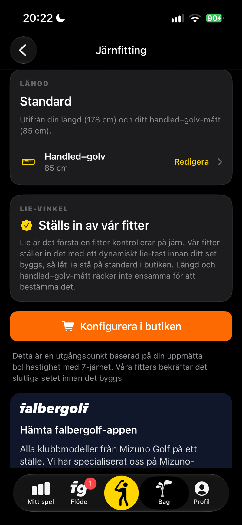 Järnfitting: klubblängd utifrån din längd och ditt handled–golv-mått