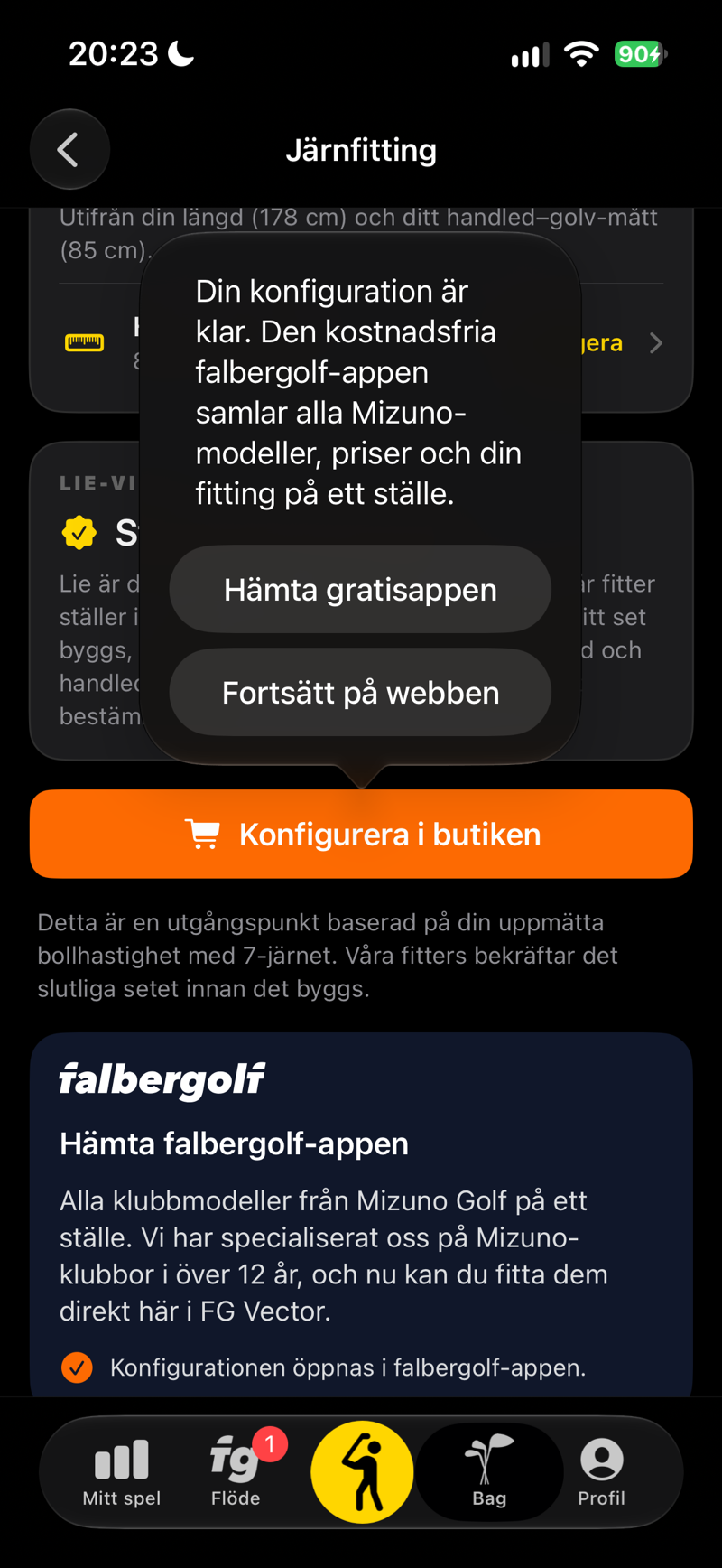 Din konfiguration är klar: öppna den i den kostnadsfria falbergolf-appen eller på webben
