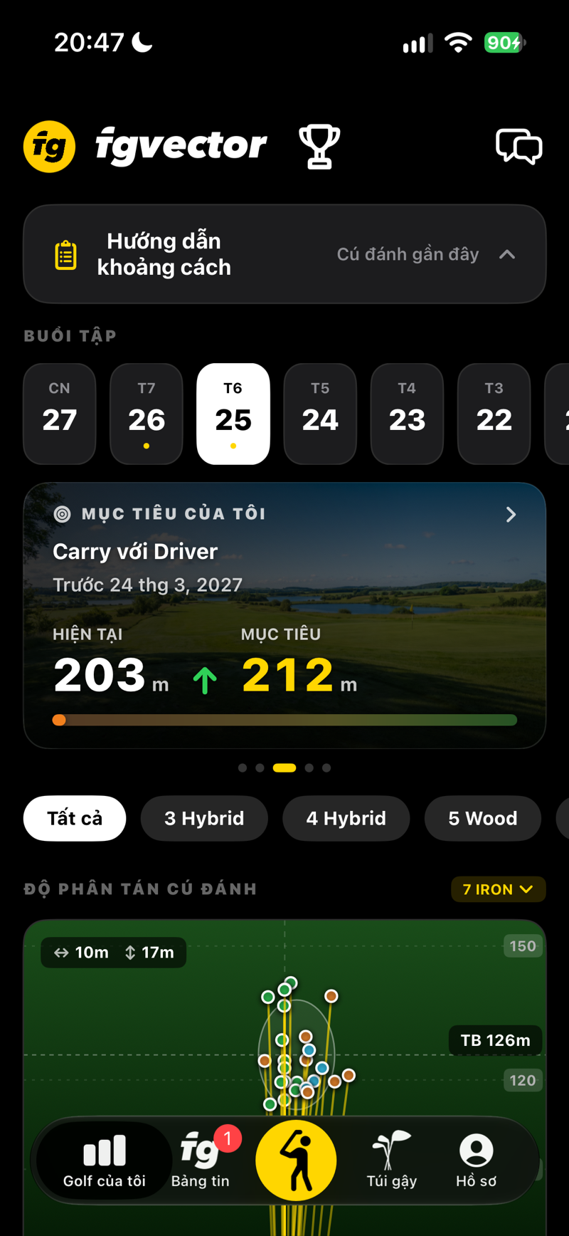 Golf của tôi: thẻ mục tiêu với carry hiện tại và mục tiêu của bạn